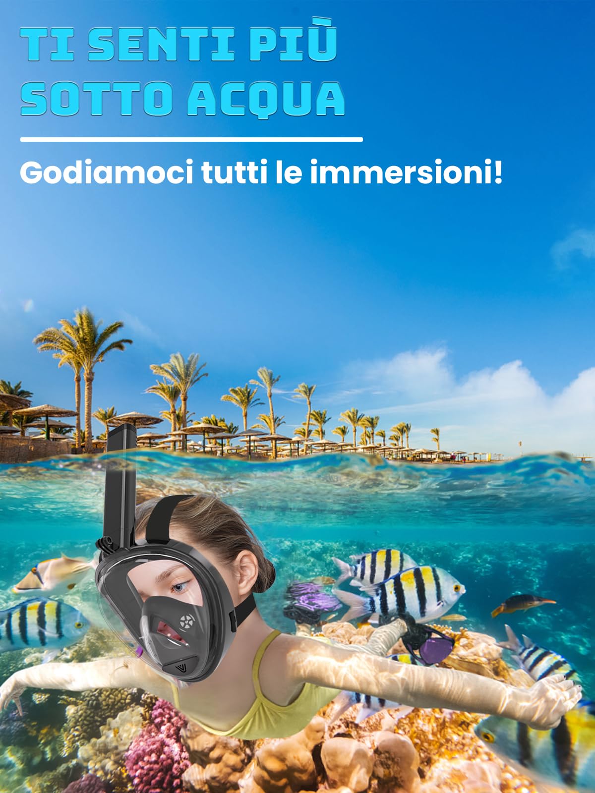 Vitare Maschera da Snorkeling per Adulti e Bambini, Maschera Subacquea Integrale Tecnologia Antiappannamento, Maschera da Mare con Supporto per Fotocamera, Maschera da Sub per Immersioni
