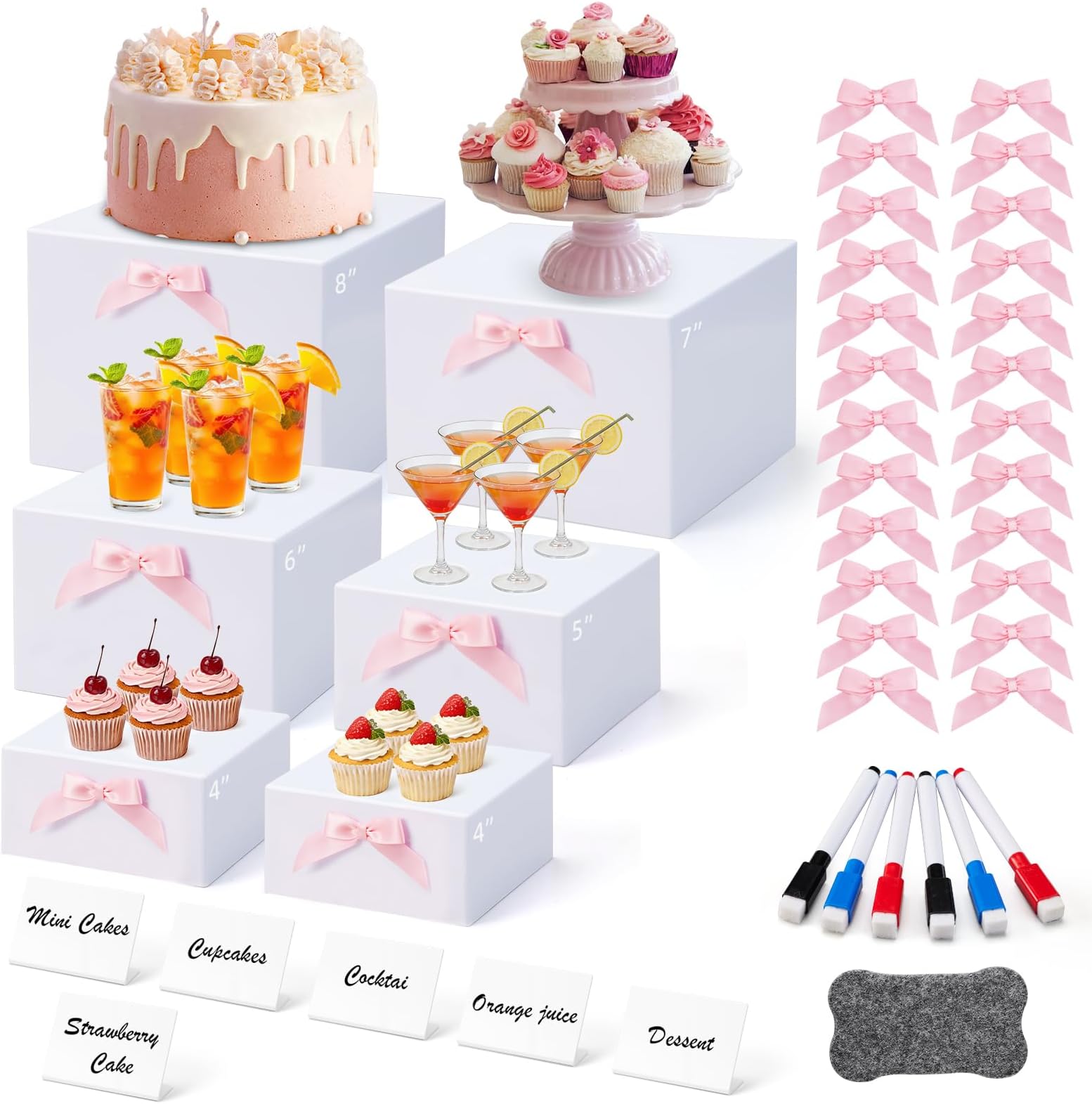 6 Pcs Buffet Risers, Acrylic Risers Display Stands for Buffet Table with Bow/Mini Sign/Marker/Mini Eraser, Hollow Bottom Nesting Cube Food Display Stand for Party Catering Dessert(8",7",6",5",4",4")