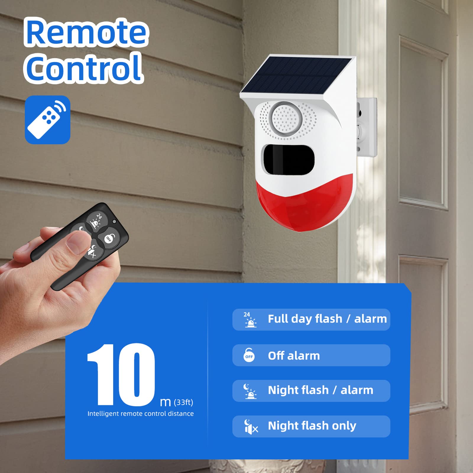 maxant - Alarma de luz estroboscópica de sonido solar con detector de movimiento y control remoto, detector de alarma estroboscópica audible de seguridad para el hogar, 120 dB, luz de sirena de