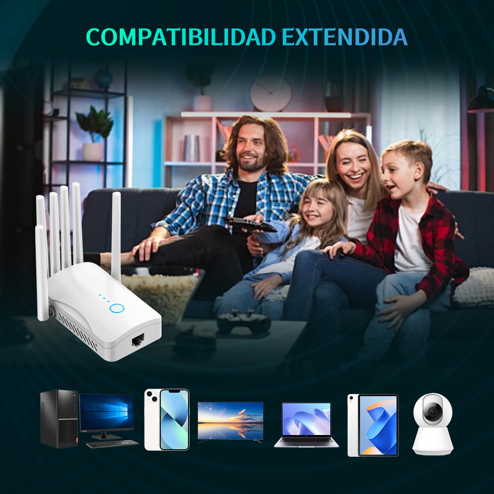 Repetidor WiFi Potente con 6 Antenas, Amplificador Señal WiFi Largo Alcance, Extensor WiFi Soporta 64 Dispositivos, Modos (Repetidor, Ap), Cobertura hasta 300 m², para Casa y Oficina