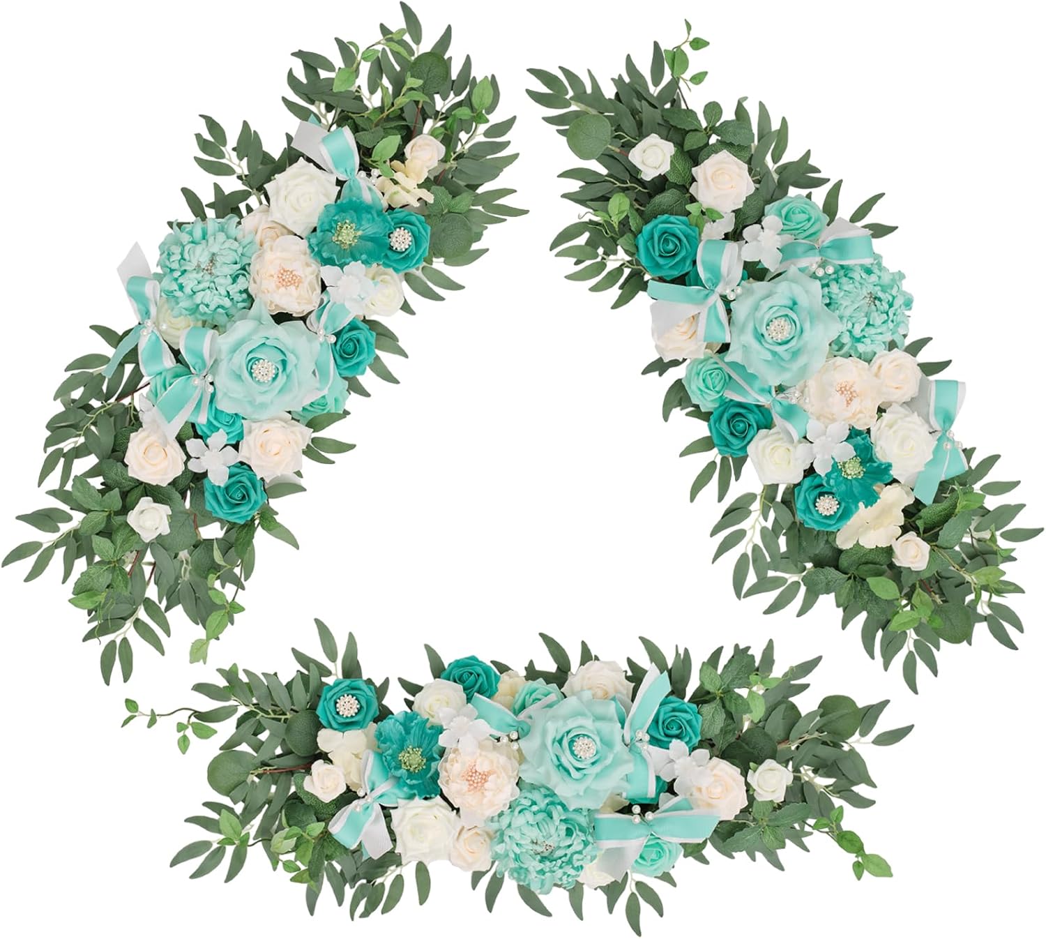 TINGE TIME 5FT Artificial Eucalyptus Garland, Set of 3 Flower Garland, Handcraft Artificial Rose Garlands for Arch Wedding Table Ceremony Welcome Backdrop Decorations for Home (Teal Green & Champagne)