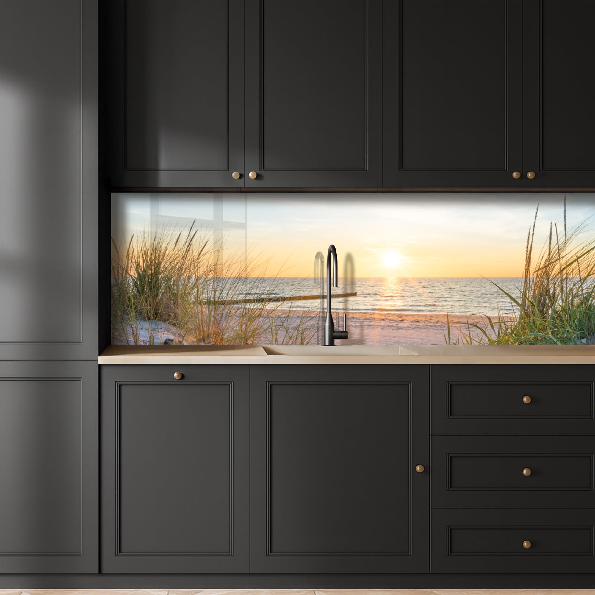 KitchenYeah© Antisalpicaduras Cocina 60x200 cm Adhesivo Salpicadero Protector Salpicaduras Sink Splash Guard Playa - Sol - Duna - Hierba - Arena - Horizonte | 60 x 200 cm – Panel trasero de cocina para cocina, pared, playa, sol, duna, hierba, arena, horiz