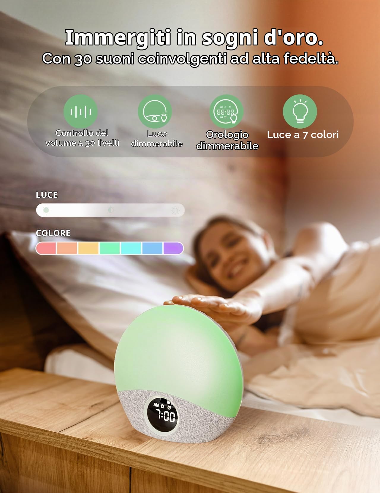 Momcozy Sveglia Luce con Simulazione dell'Alba e del Tramonto, Macchina del Suono con Rumore Bianco per Neonati Adulti, 30 Suoni Rilassanti & 5 Allarme & 7 Colori Luce, Allattamento & Lettura Notturna
