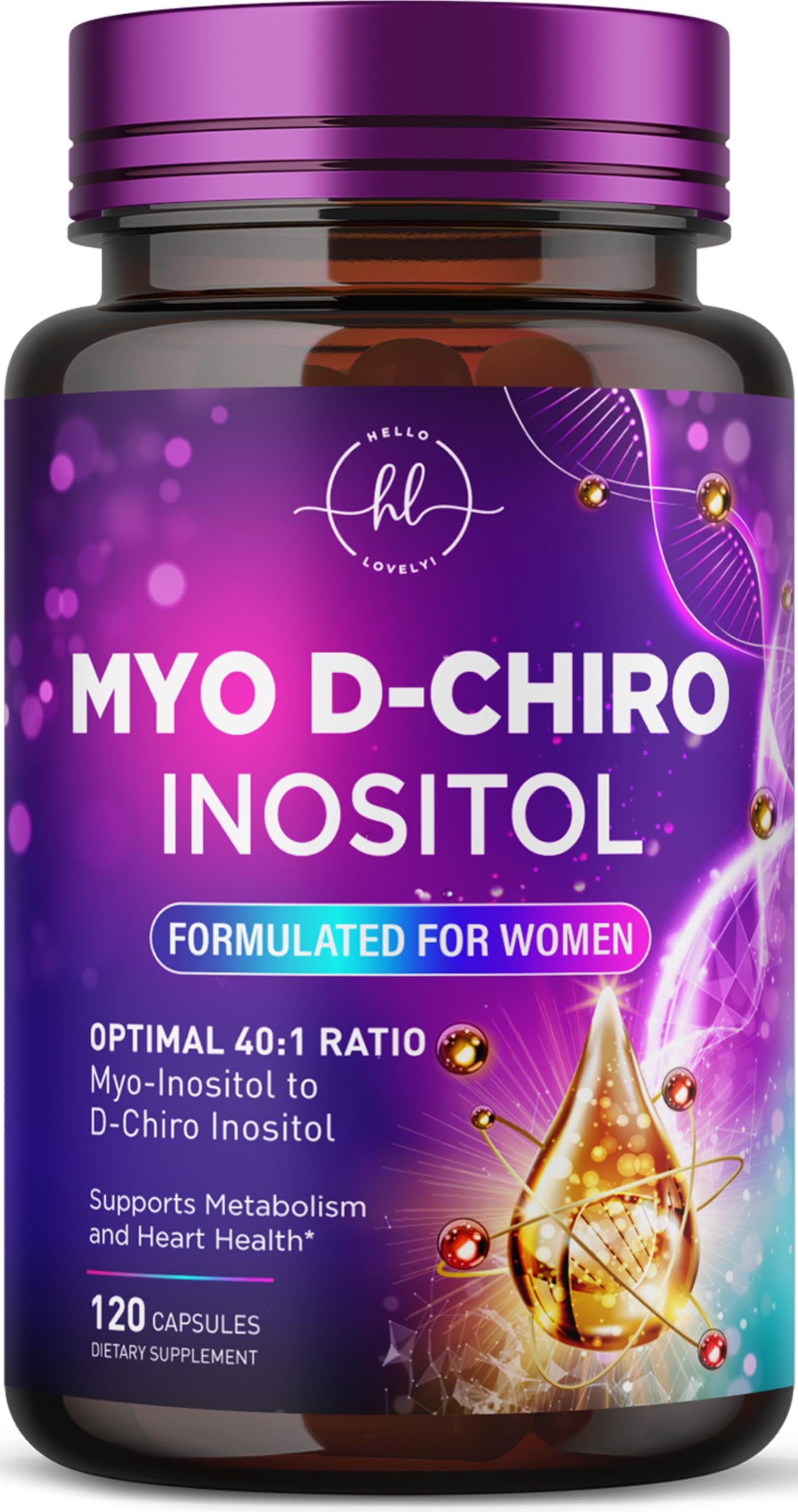 Myo-Inositol & D-Chiro Inositol Supplement 2000mg - Myoinositol with Ideal 40:1 Ratio - Fertility Supplements for Women for Ovarian Health & Hormone Balance Support, Bottled in the USA - 120 Capsules 120 Count (Pack of 1)