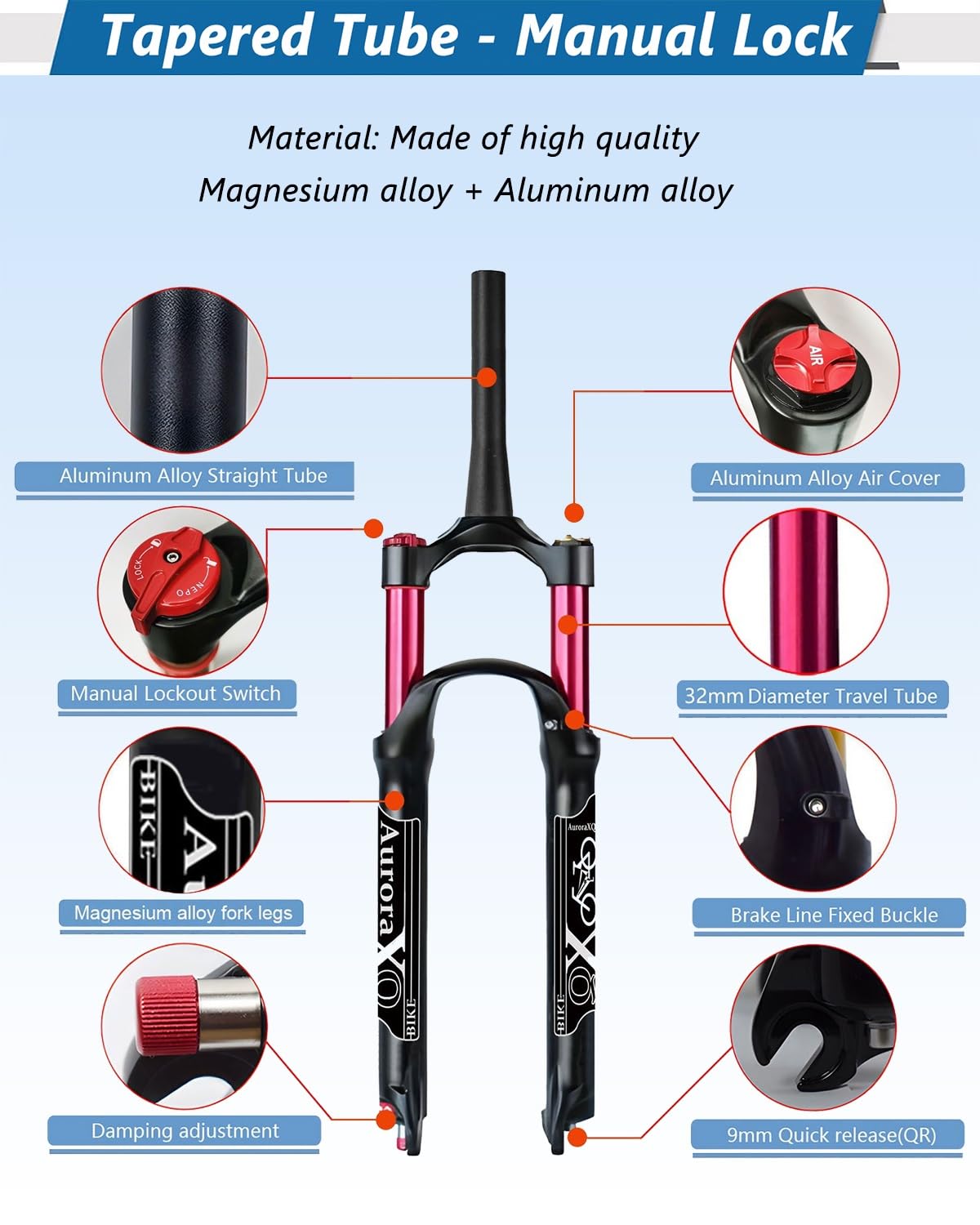 AuroraXQ Widelec Amortyzowany do Roweru Górskiego 26/27,5/29 Cali, Przedni Widelec MTB Air o Skoku 120mm, z Regulacją Odbicia do MTB/Trail/AM/XC(Tapered Manual Lockout,27,5 cala)