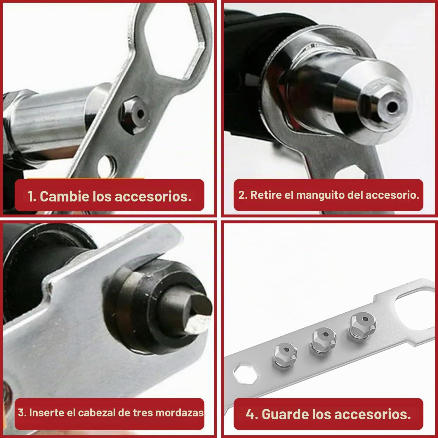 Juego de remachadora para taladros y atornilladores – 4 boquillas – Adaptador de remaches ciegos para metal, plástico y cuero – Construcción robusta – Alicates remachadores Premium