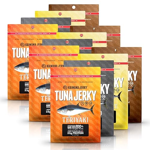 Kaimana Jerky Variedad de atún Ahi - Paquete de 12 unidades - Hecho a mano, rico en proteínas y buena fuente de Omega 3 - Ingredientes sabrosos,