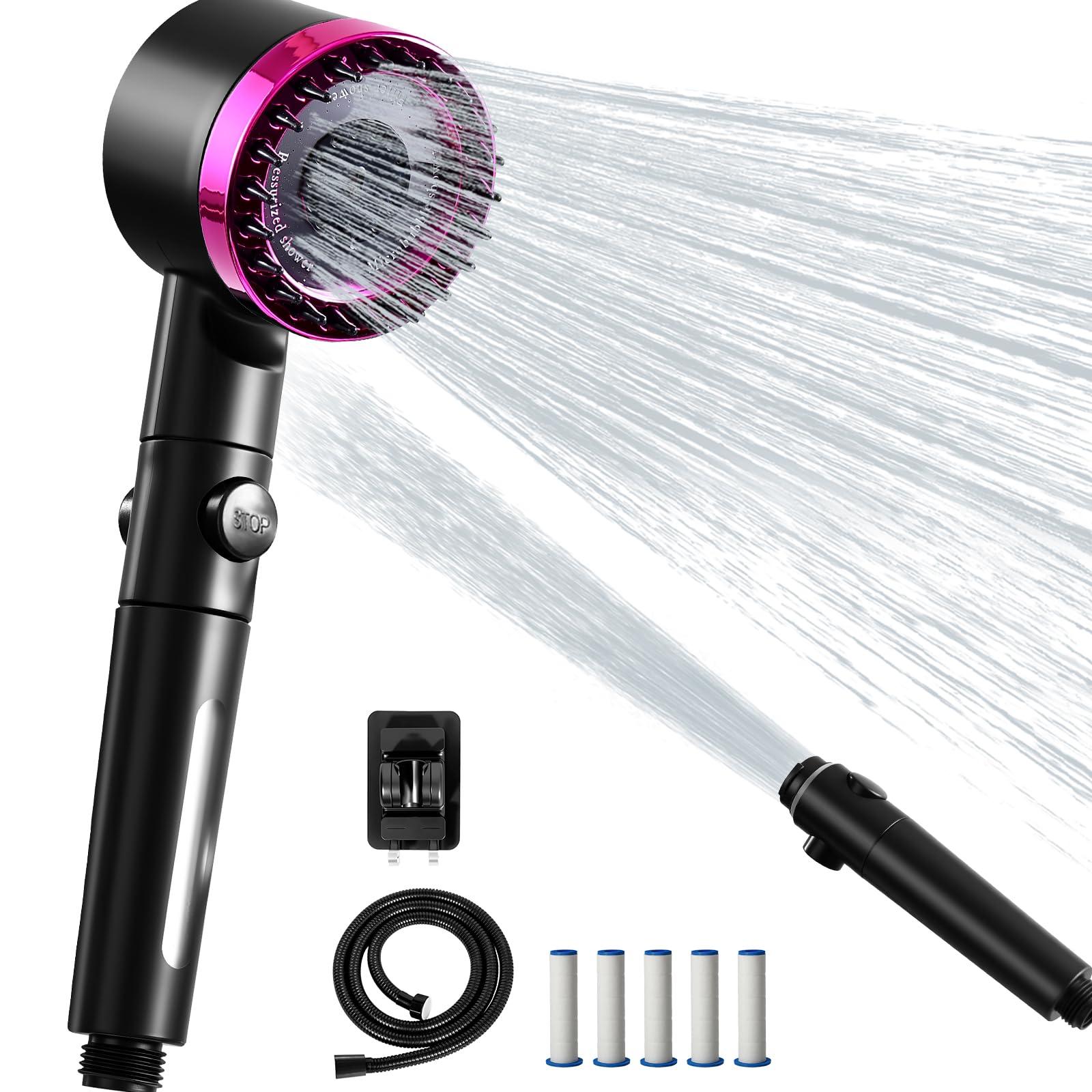 Duschkopf mit Filter & 5 Kartuschen | Hochdruck Brausekopf mit 1,5m Schlauch & Halterung | Duschbrause mit Filter gegen Kalk und Chlor | Energiespar Duschkopf mit Stopp-Funktion (Rosa/Schwa)