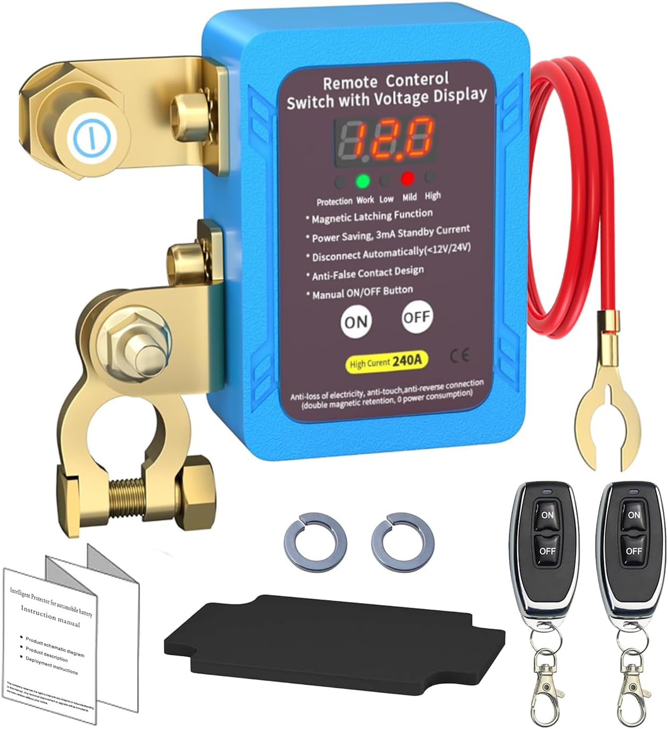 Cllena Kill Switch for Car, Remote Battery Disconnect Switch 12V 240A with Led Voltage Display, Car Battery Kill Switch Anti Theft, Automatic Cut/Shut Off Switch for Auto, RV, ATV, Truck, Boat.