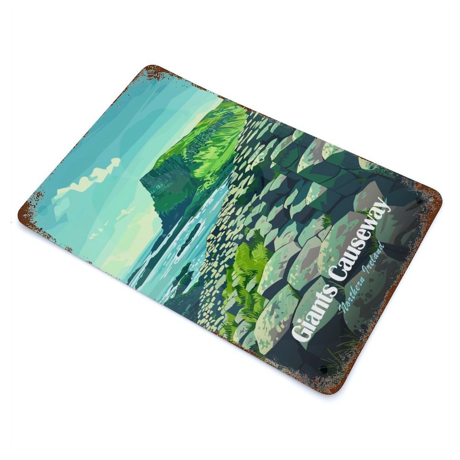 Garage Style Giants Causeway, Northern Ireland Illustration Aged Metal Wall Plaque 11.8"x7.9", Decorative Metal Wall Art for Bar And Workshop