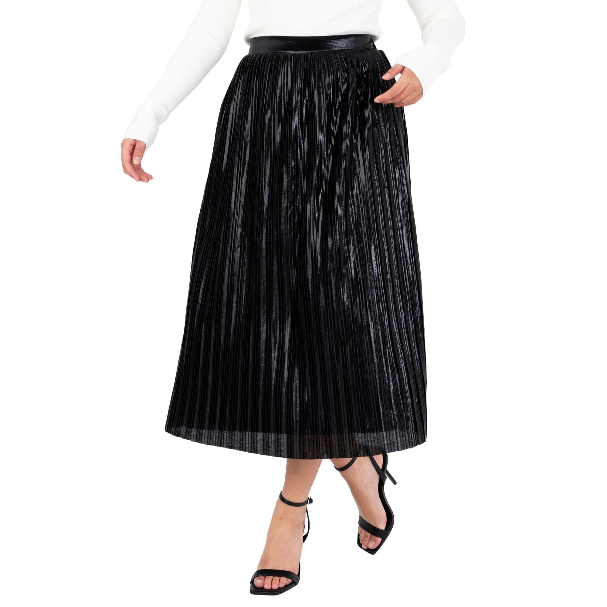 Women's Midi Skirt Ladies Pleated A-line Elasticated Waist Metallic Shiny Lined Smart-Casual Office Wear Party