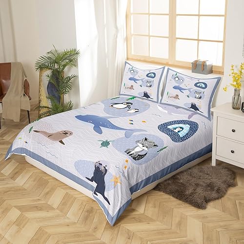 Miniatura 4 de Juego de funda de edredón de animales lindos, tamaño King, funda de edredón con 2 fundas de almohada, diseño de pingüino y ballena ártica con 2