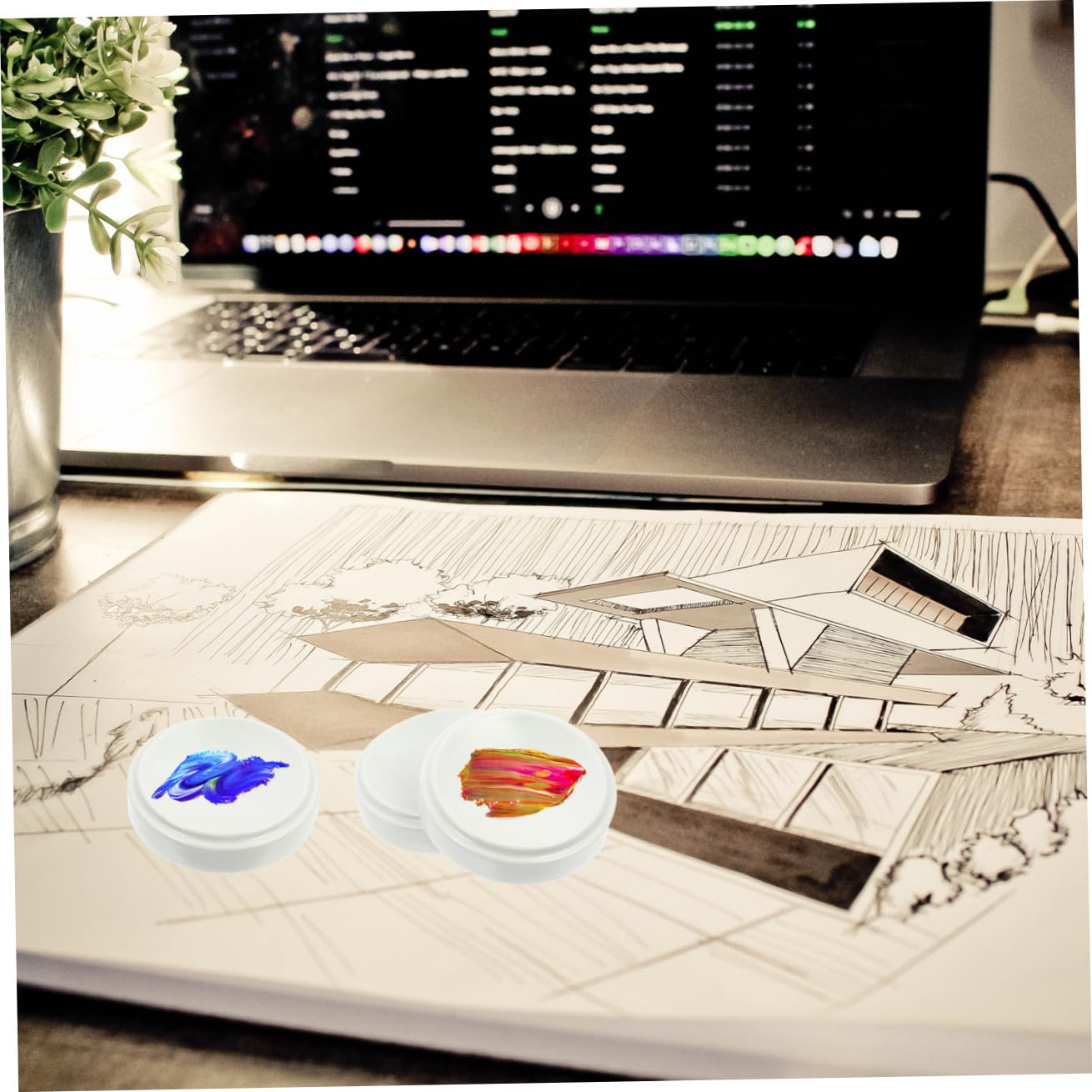Keramik Farbmischpalette 5-lagig mit Deckel für Aquarell und Ölmalerei