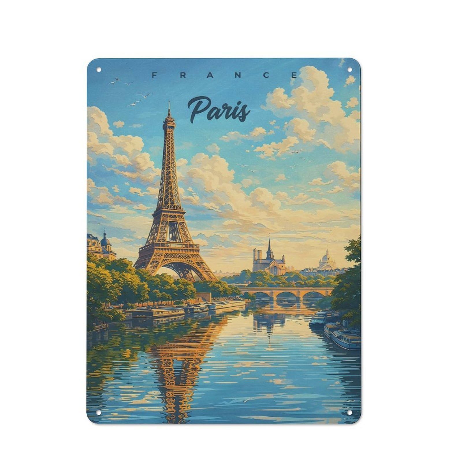 Junmoney Style-2 Vintage Eiffel Tower Paris River Scene Metal Wall Art Sign 40X30cm, Old Style Wall Plaque For Bedroom, Office, Home Bar Or Dining Room