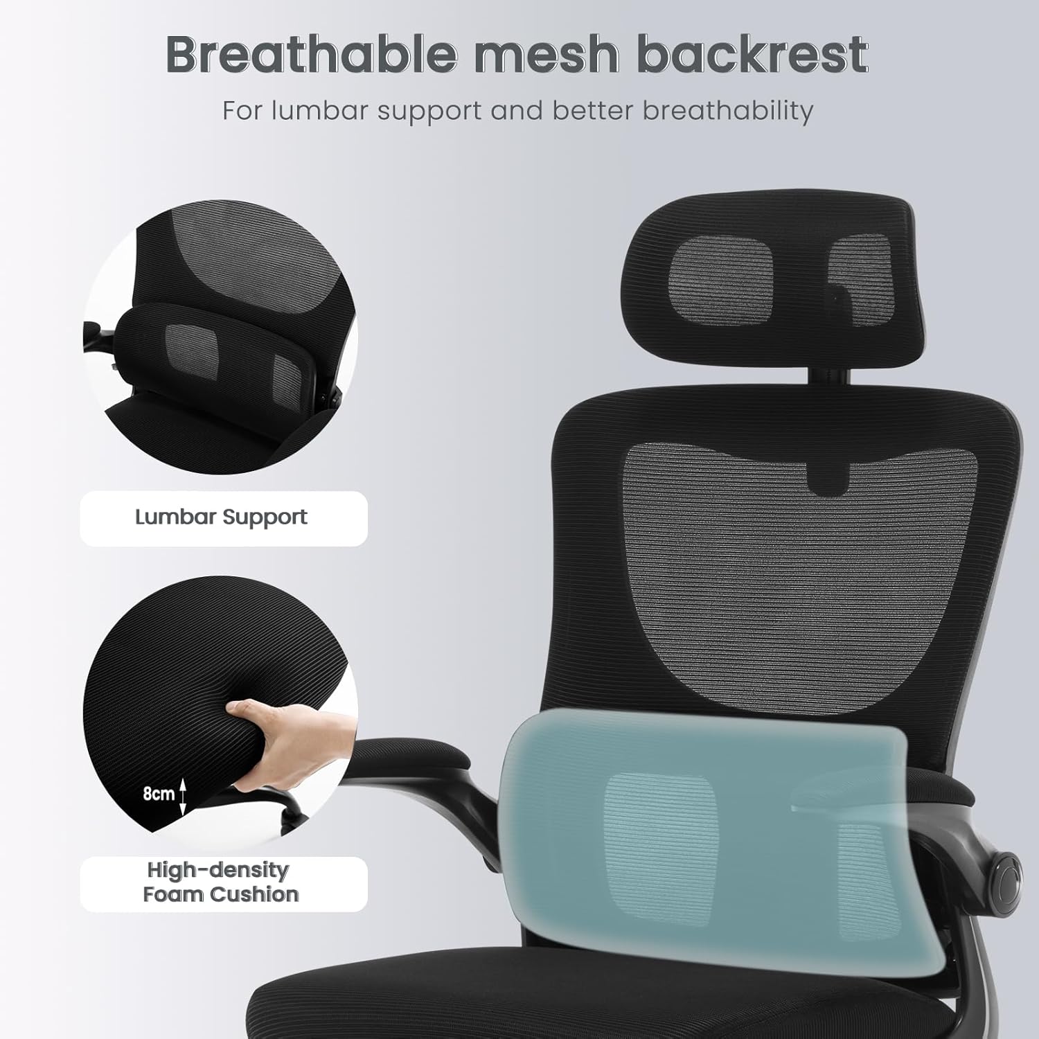 Close-up of the breathable mesh backrest, lumbar support, and high-density foam cushion