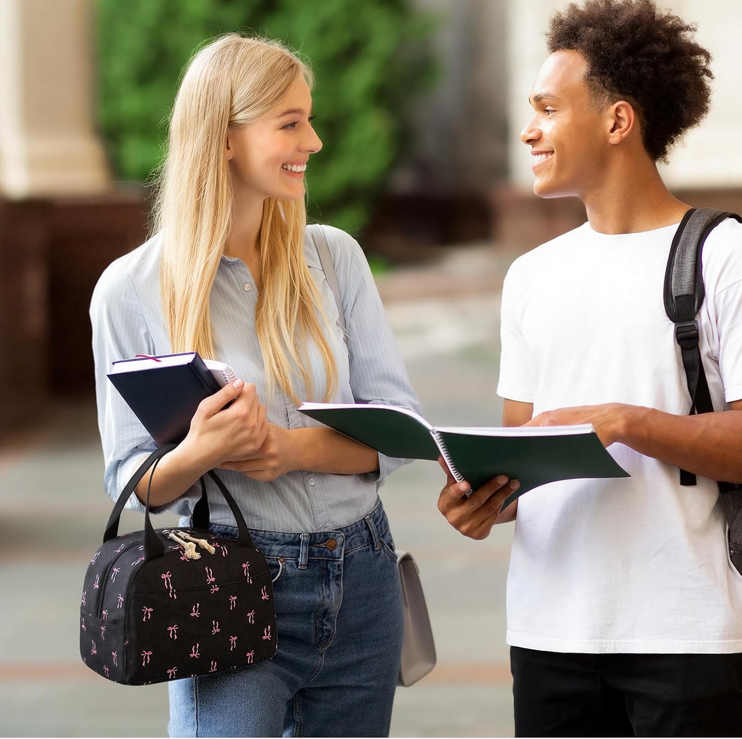 Black and Pink Bow Lunch Bag Cute Corduroy Insulated Pink Bow Lunch Box for Women Coquette Tote Bag Reusable Large Capacity Cooler Containers Preppy Stuff Gifts for Picnics Travel Outdoor - Image 5