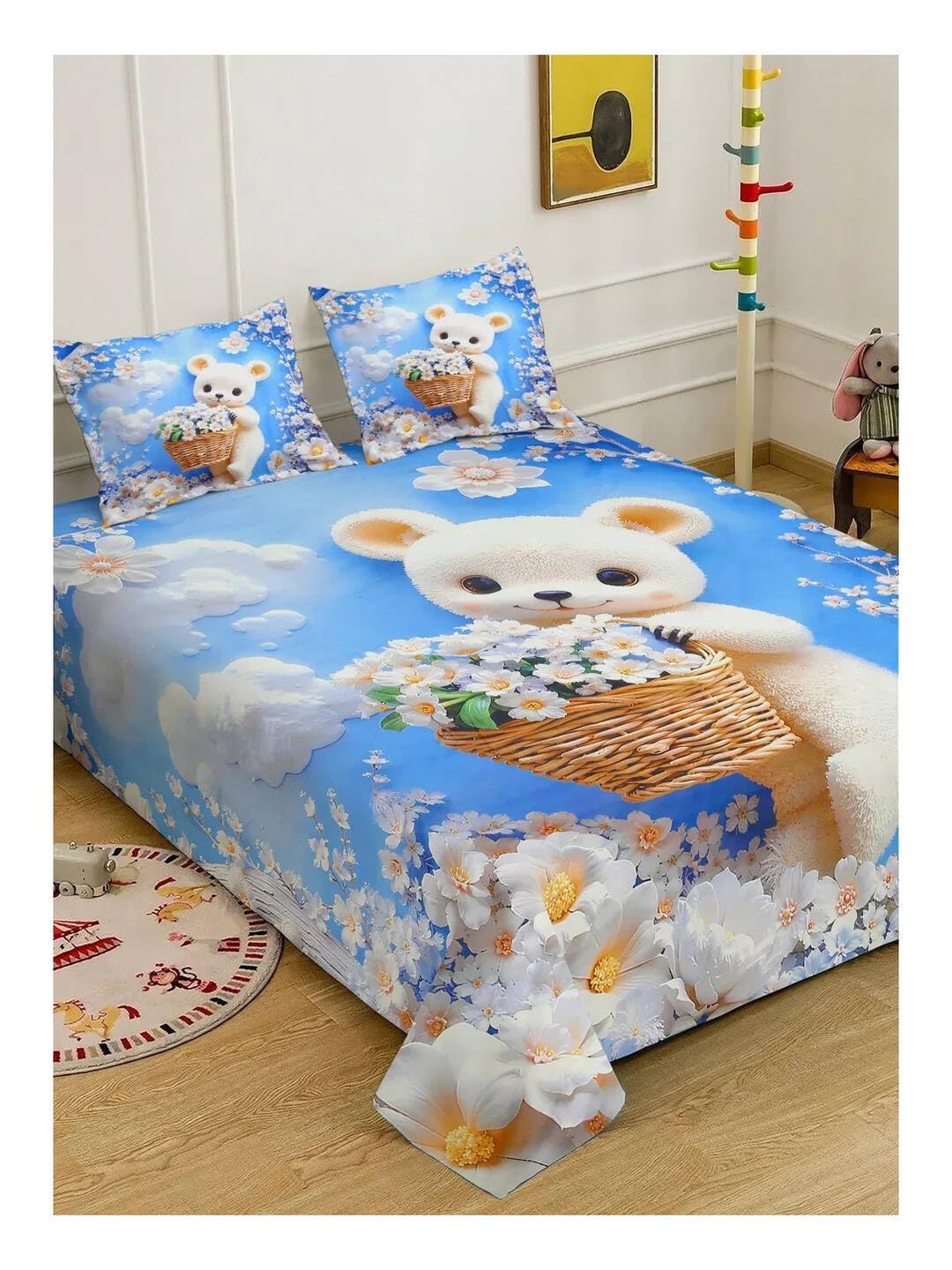 KLOTTHE Cartoon Characters 7D King Size Cotton Blend Double Bedsheet with 2 Pillow Covers (Sky Blue, King)