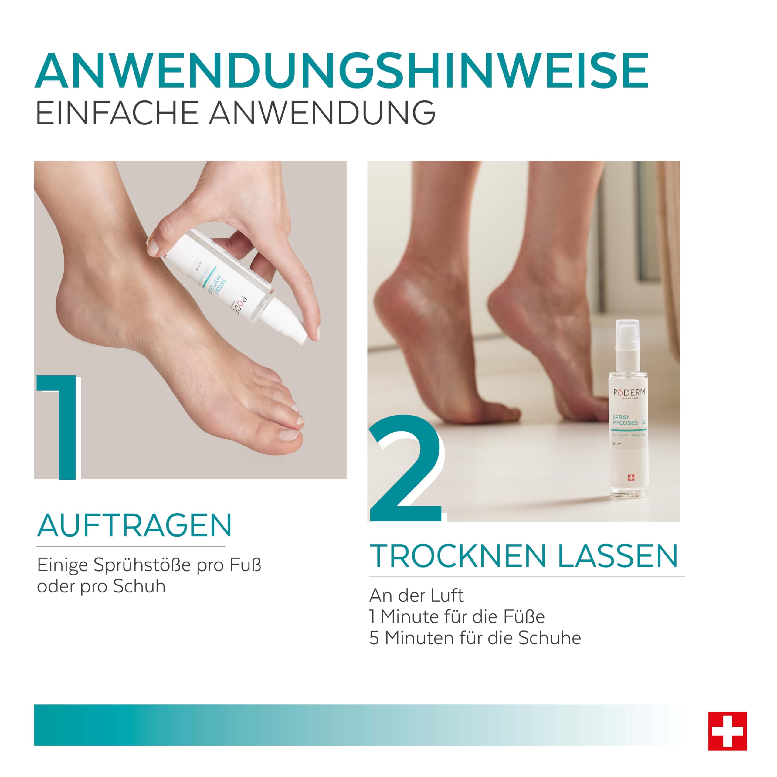 PODERM 3-in-1 Pilzspray für Nägel, Füße & Schuhe | 99,9% der Fußpilzsporen & Bakterien in 1 Stunde zu eliminieren | Teebaum, Zink & Minze | Swiss Made | Entwickelt von einem Podologen