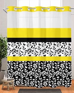 No Hook Shower Curtain Set with Snap in Liner, Watercolor Flower Pattern Waterproof Bathroom Curtain with See Through Top Window, Yellow Black Color Block Stitching Double Shower Curtains for Bathtub