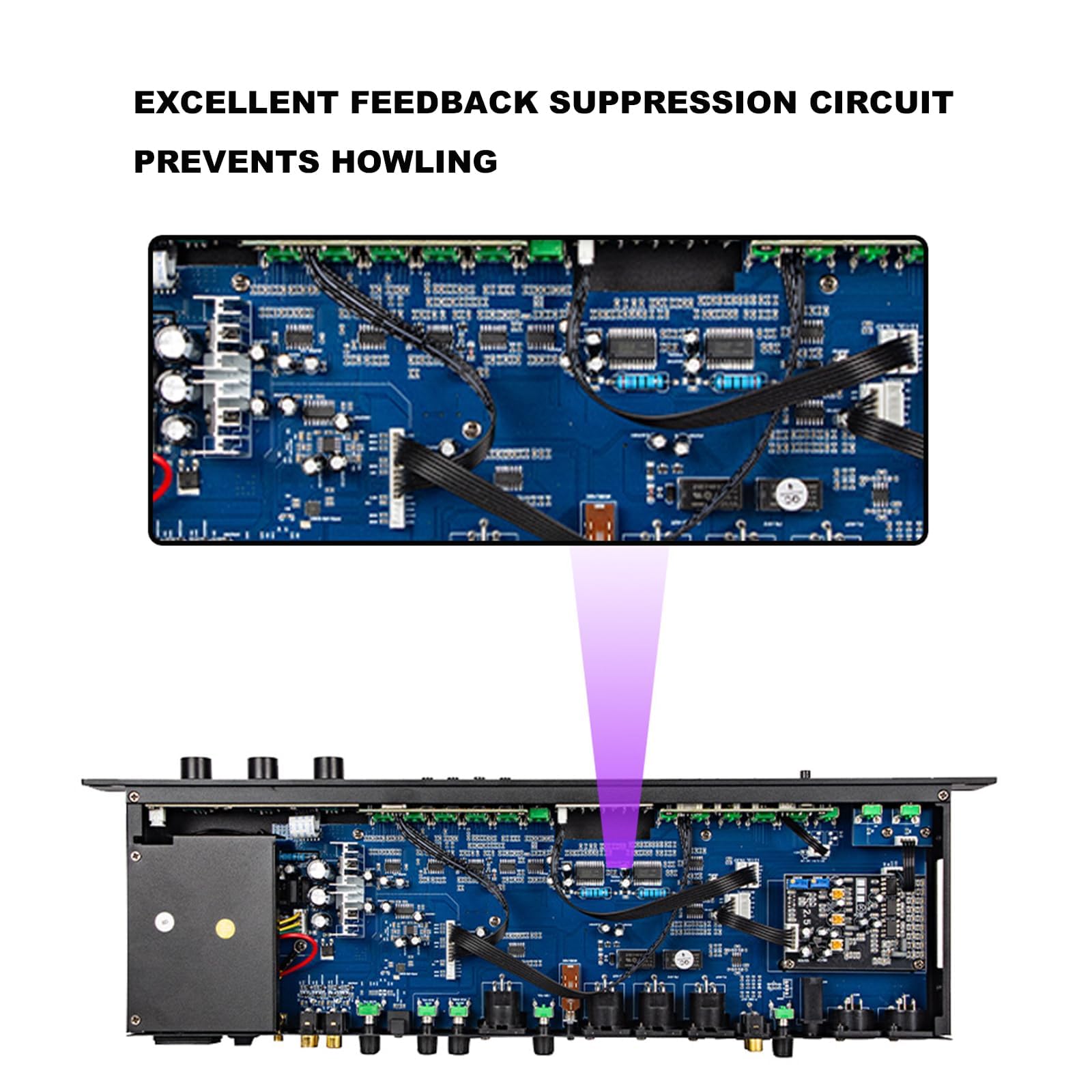 Procesador de audio digital con supresor de retroalimentación, reverberación DSP antiaullidos, reproductor MP3 Bluetooth, USB, mezclador de micrófono multicanal con efectos vocales