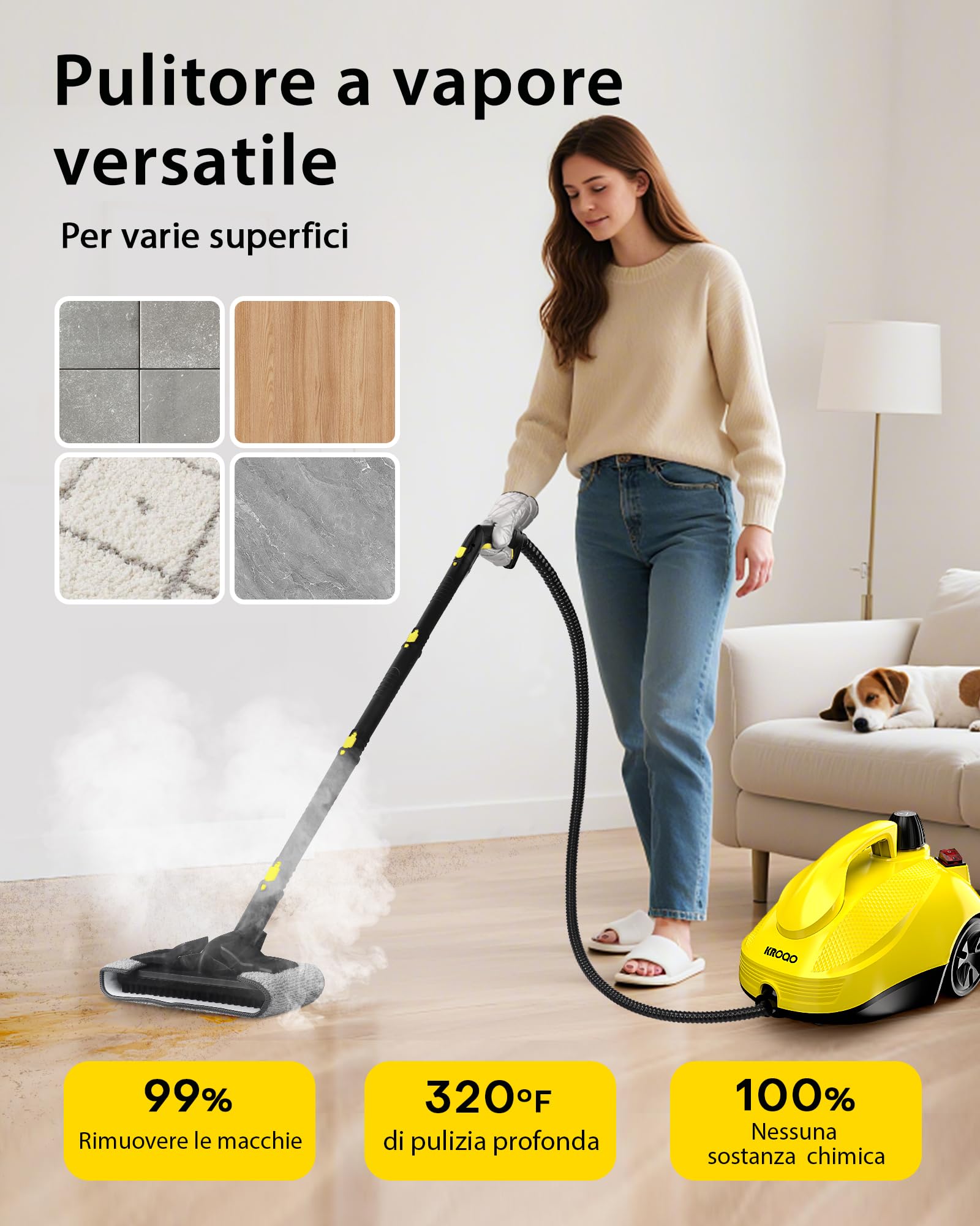Pulitore a vapore da 1500 W con 24 accessori con cavo da 5 m, scopa a vapore senza sostanze chimiche per piastrelle e fughe, piano cottura, cappa, divano, tappezzeria auto e finestre