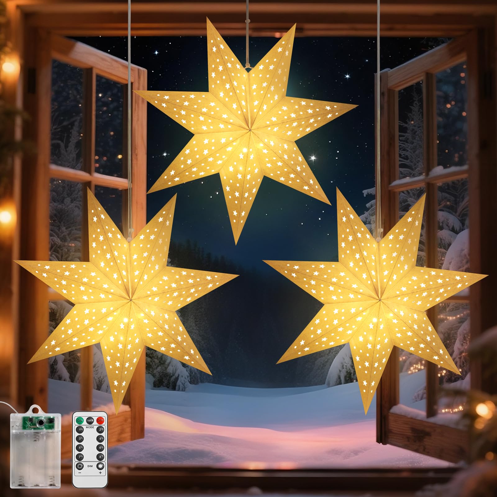 Lewondr Weihnachtsstern Beleuchtet 3 Stück, 45cm Papiersterne Weihnachten | Hängende Sternenlichter mit Ausgeschnittenen Sternen, LED Stern mit Fernbedienung, Weihnachtsdeko Papierstern für Innen