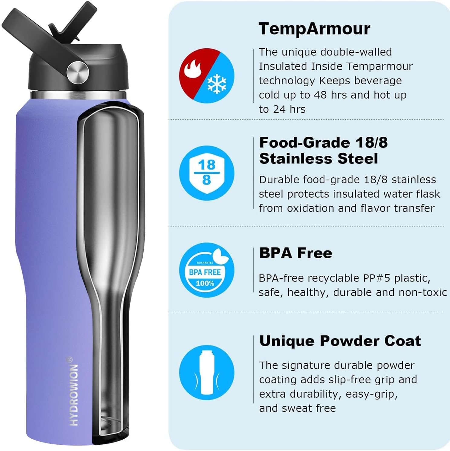 HYDROWION Water Bottle Stainless Steel,Vacuum Insulated Leak Proof Tumbler 32oz with Straw Lid, Spout Lid and Flex Cap(Cold for 48 Hrs, Hot for 24 Hrs), Fit in Any Car Cup Holder, Purple - Image 3