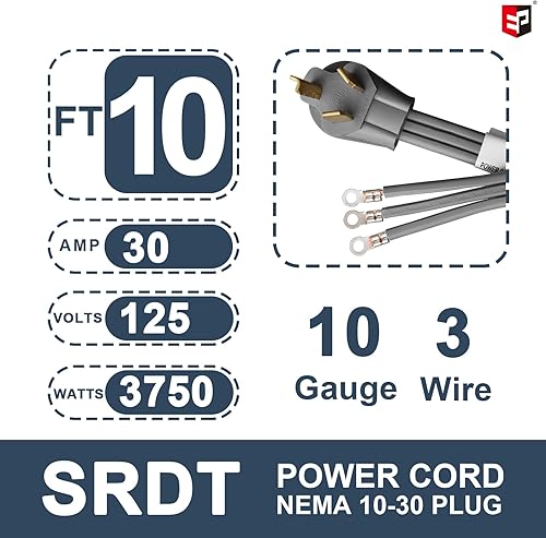 Miniatura 2 de EP Cable de secado de 3 puntas, 10 pies SRDT 103, cable de alimentación de extensión de electrodomésticos de 30 amperios, NEMA 10-30, gris