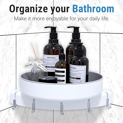 Miniatura 7 de Sarzdras Organizador esquinero de ducha giratorio de 360, estante de almacenamiento de ducha interior de plástico sin perforaciones, 5 ganchos para