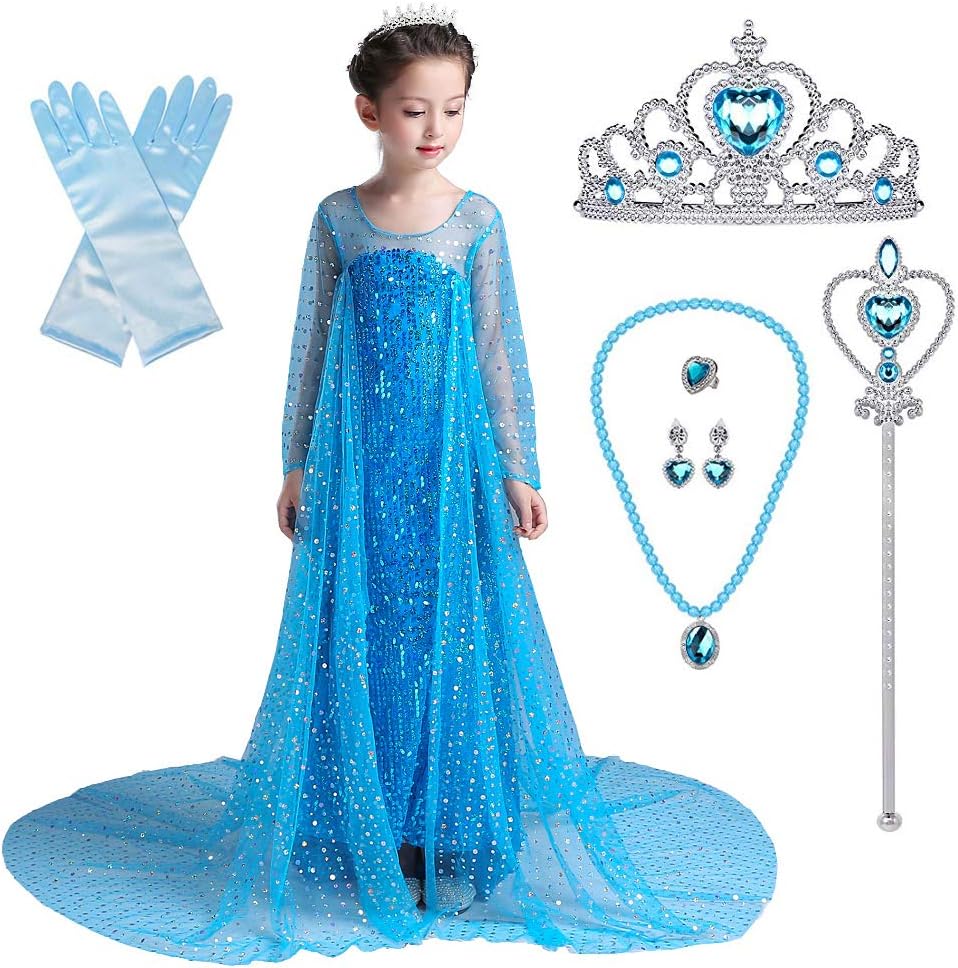 Lito Angels Girls Princess Dress Up Costume Luxury Sequin Blue Ball Gown with Long Train Accessories, Halloween Outfit Kids