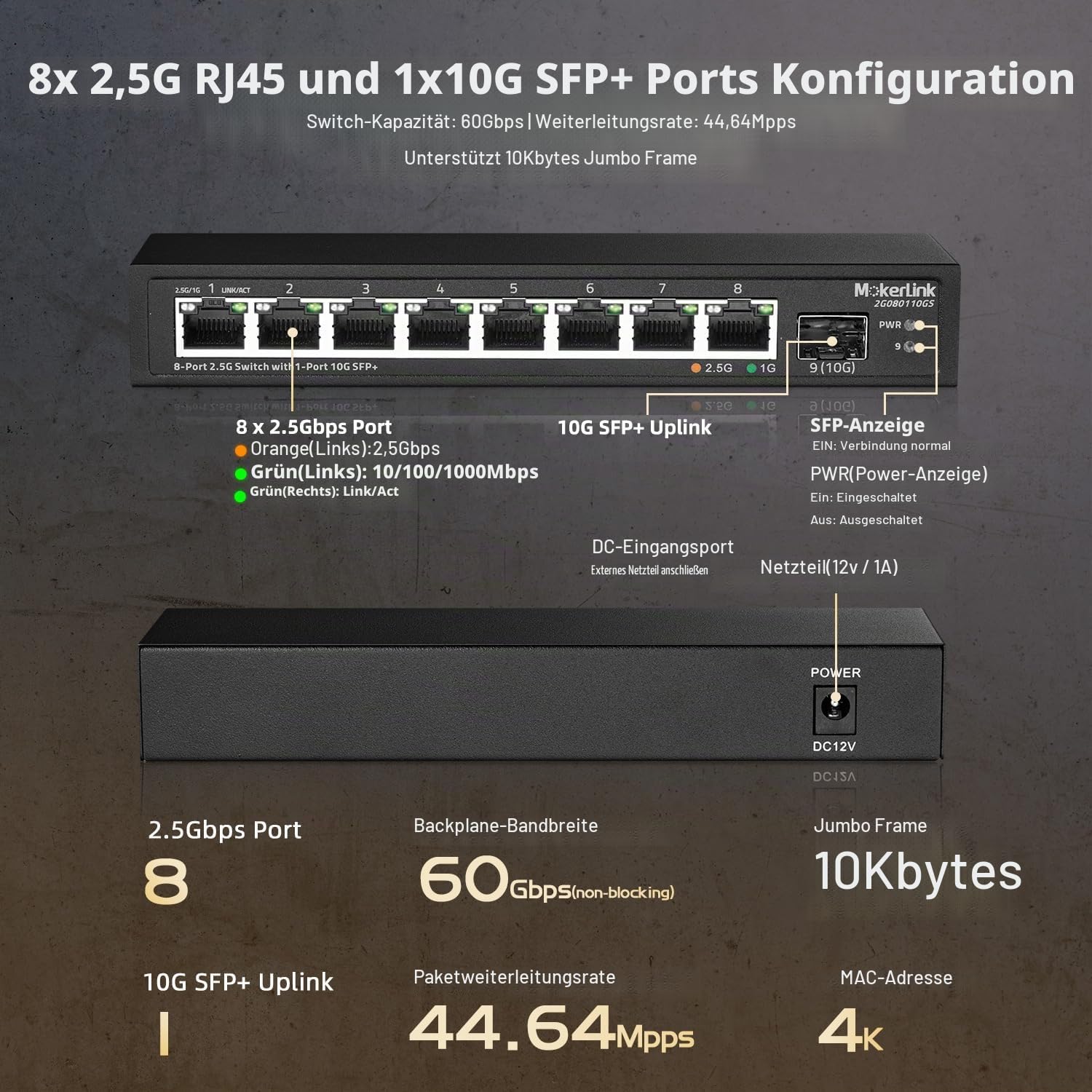 MokerLink 8 Port 2.5Gigabit Ethernet Switch mit 10G SFP Slot, 8 x 2.5G Base-T Ports kompatibel mit 10/100/1000Mbps, Metall Unmanaged Fanless Small Network Switch