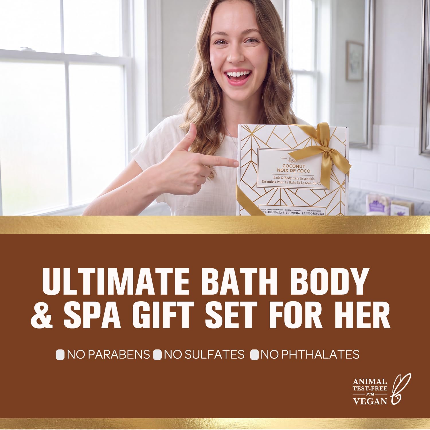 SPA LUXETIQUE Zestaw upominkowy do kąpieli dla kobiet – zestaw do pielęgnacji kokosowy worki filcowe z 6-częściowym rozmiarem podróżnym, żel pod prysznic, balsam do ciała, płyn do kąpieli, krem do rąk