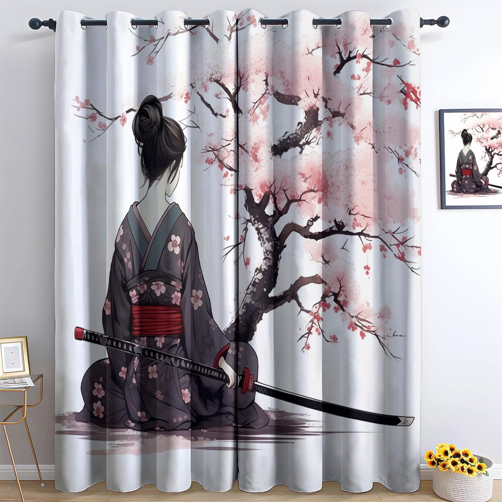 Tende Geisha giapponese Albero di ciliegio in fiore Tenda Oscurante 140L x 260A cm (2 Pannelli) Isolante Con Occhielli Per Camera Da Letto Tende Soggiorno Rosa