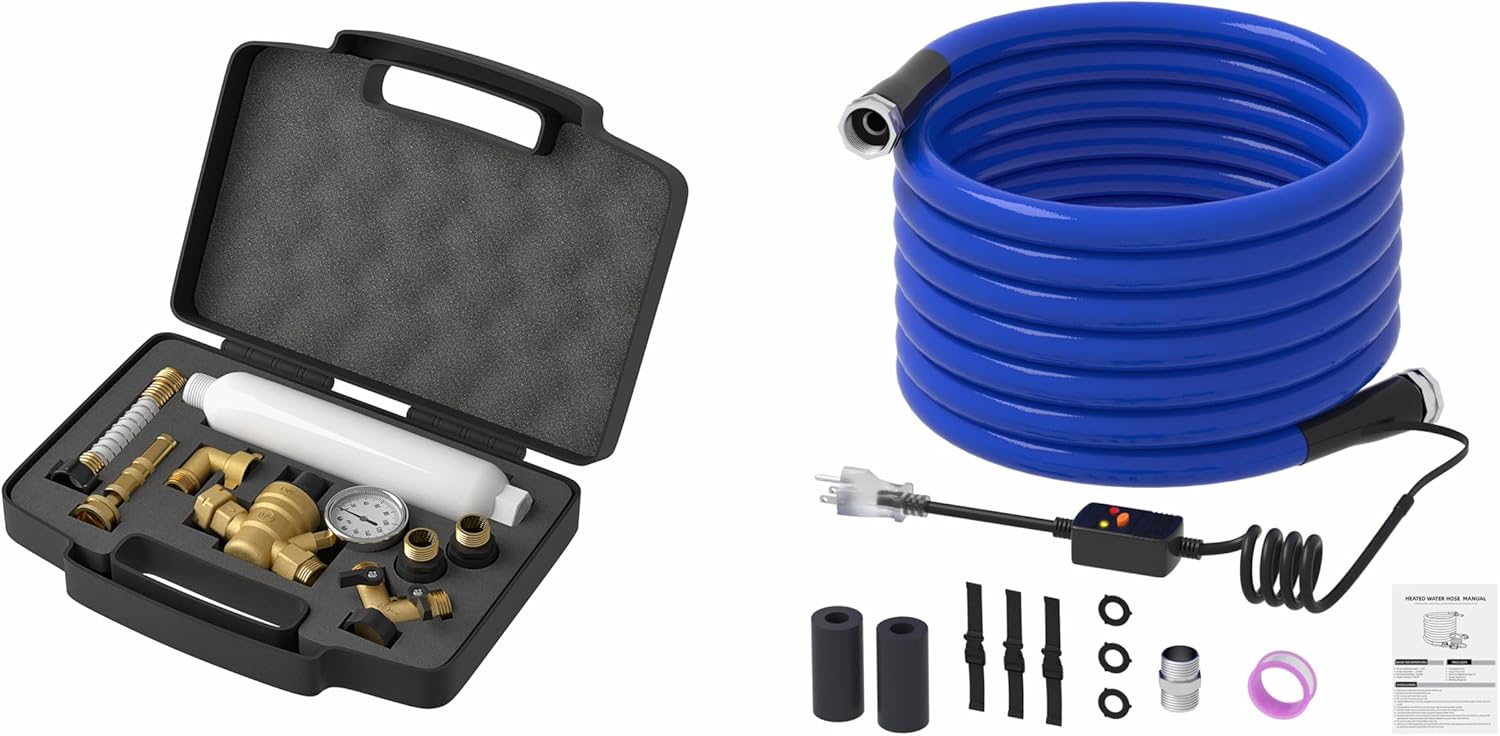 KORVOS RV Winter Camping Bundle: 25FT Heated Drinking Water Hose + All-in-One Fresh Water Kit with Filter, Regulator & Leak-Proof Accessories – Anti-Freeze, BPA-Free, Camping & RV Ready