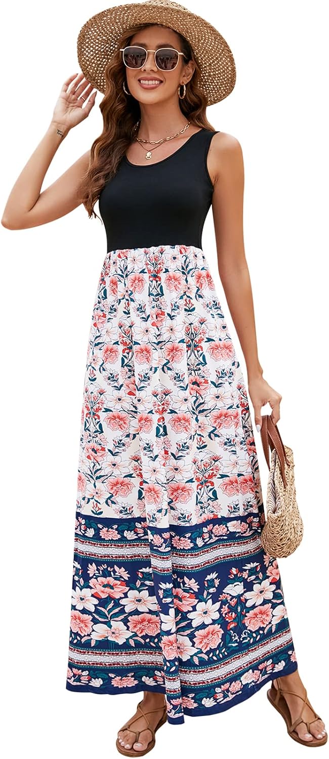 Sherosa Women's Summer Sleeveless Boho Floral Maxi Dresses Chevron Striped Casual Tank Flowy Long Sundress Beach Vacation - Image 4