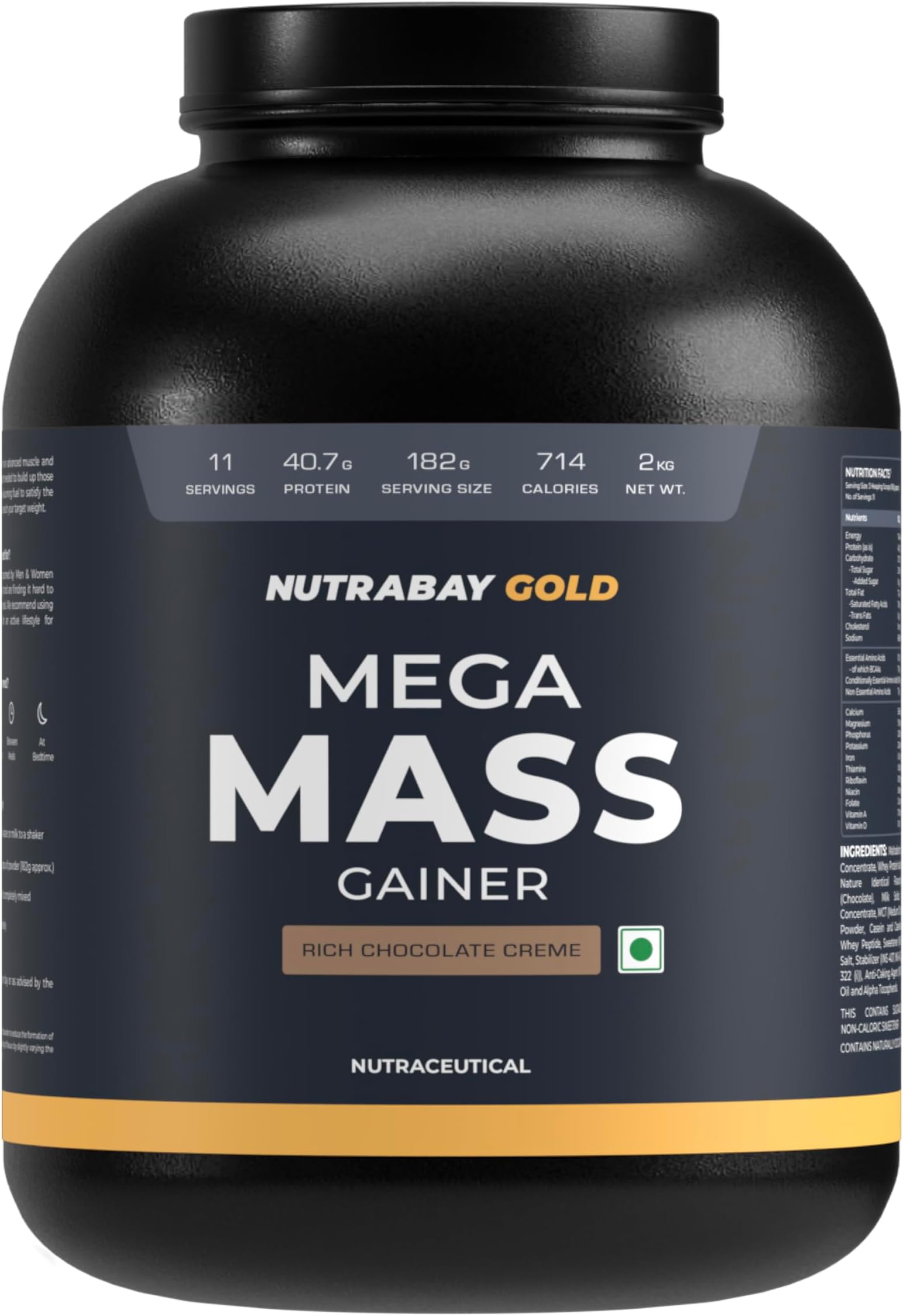 Nutrabay Gold Mega Mass Gainer Powder - 2kg, Rich Chocolate Creme | 100% Veg | 40.7g Protein, 122g Carbs, 714 Calories | Muscle Building & Weight Gainer Supplement for Men & Women