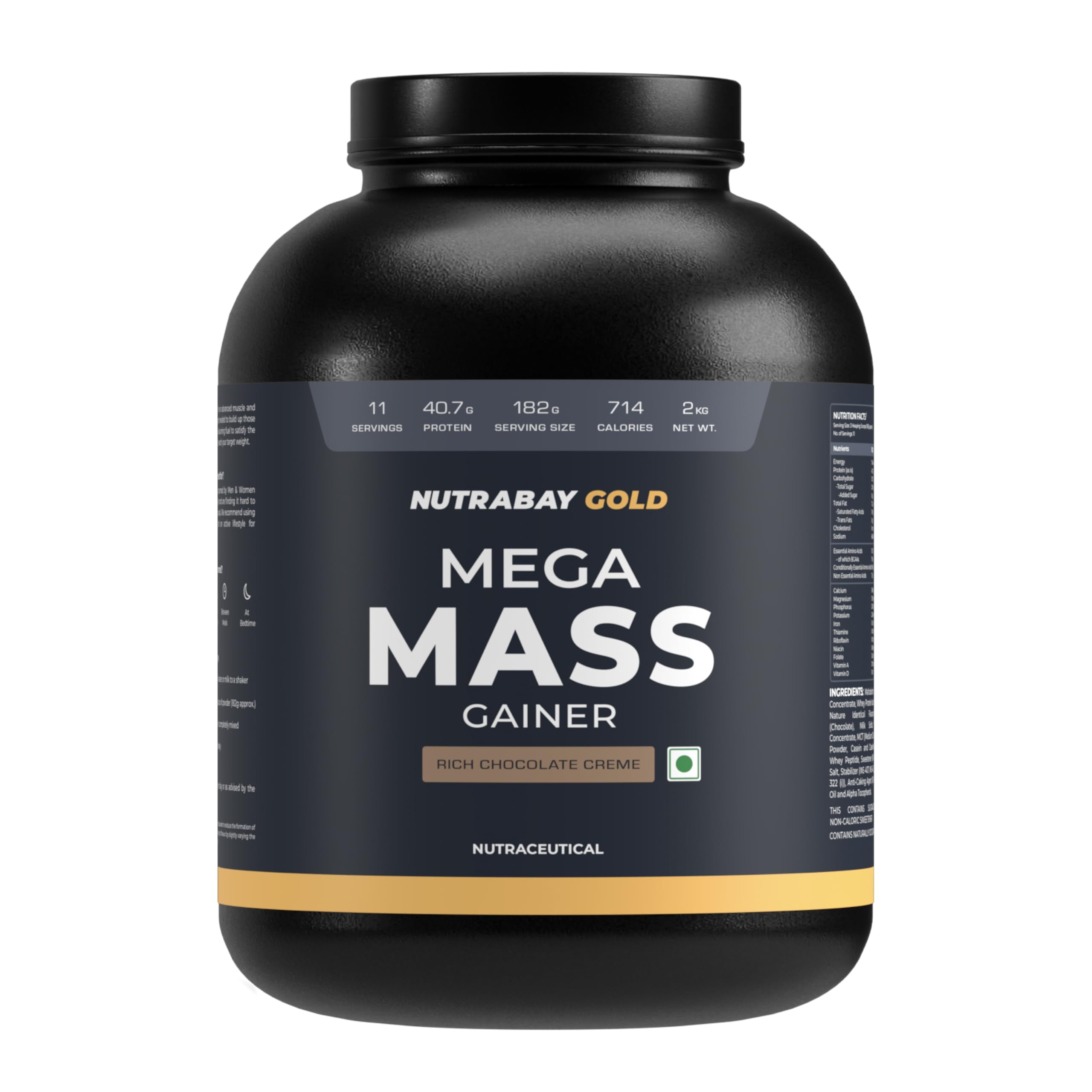 Nutrabay Gold Mega Mass Gainer Powder - 2kg, Rich Chocolate Creme | 100% Veg | 40.7g Protein, 122g Carbs, 714 Calories | Muscle Building & Weight Gainer Supplement for Men & Women