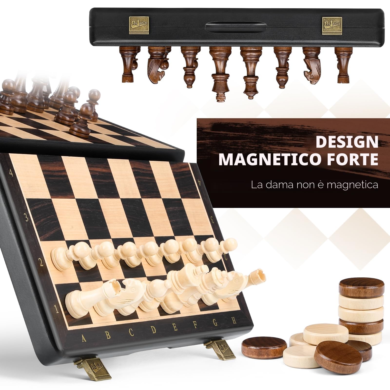 Peradix Set di Scacchi in Legno 38cm, 2-in-1Scacchiera e Dama con Pezzi Magnetici Extra Grandi, Realizzati in Legno Massiccio Pregevole - Perfetto Regalo per Tutte le Età e Occasioni