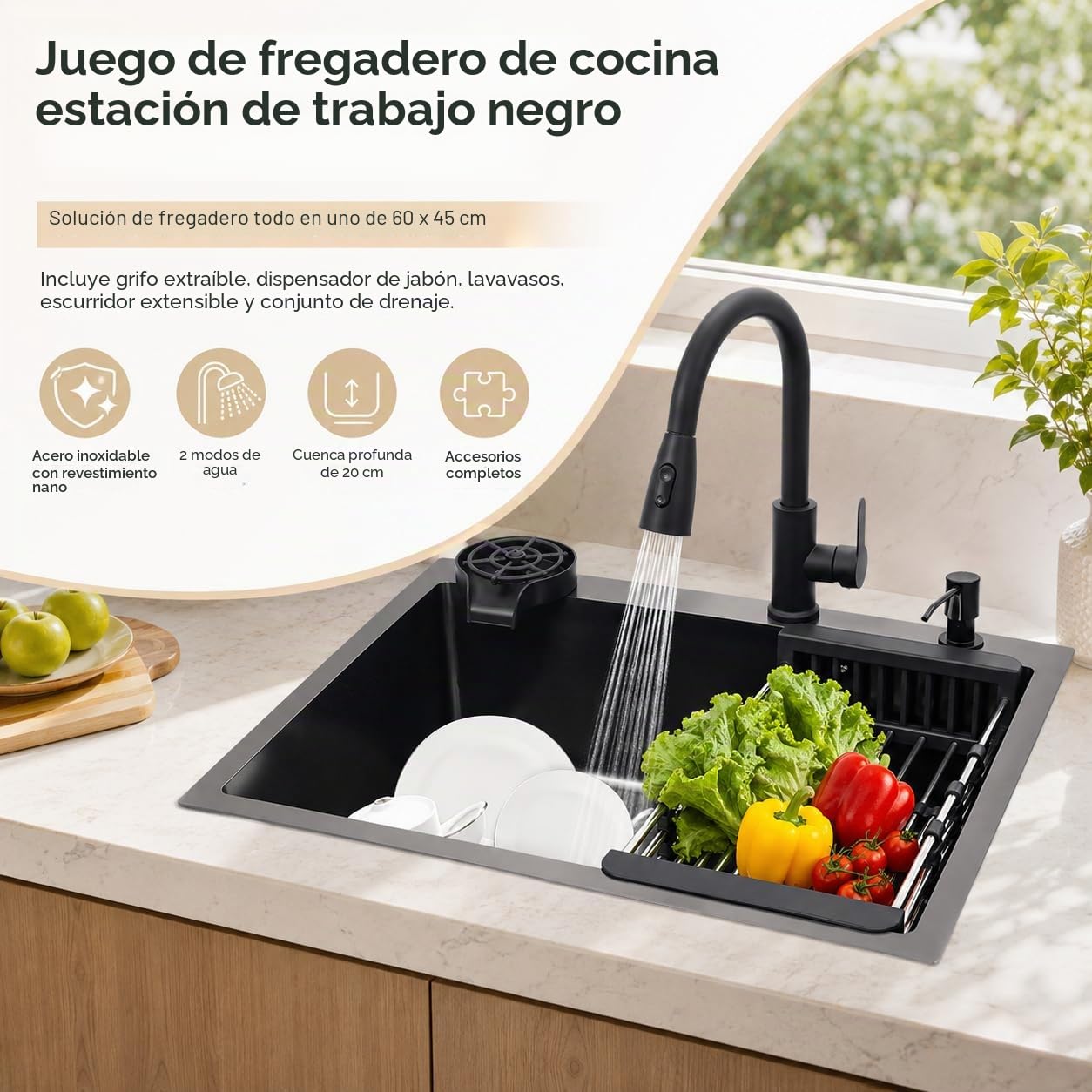 Fregadero de cocina negro de acero inoxidable 60x45 cm, fregadero empotrado de 1 seno con grifo extraíble, cesta de escurrido, dispensador de jabón y dispensador de detergente, resistente a los