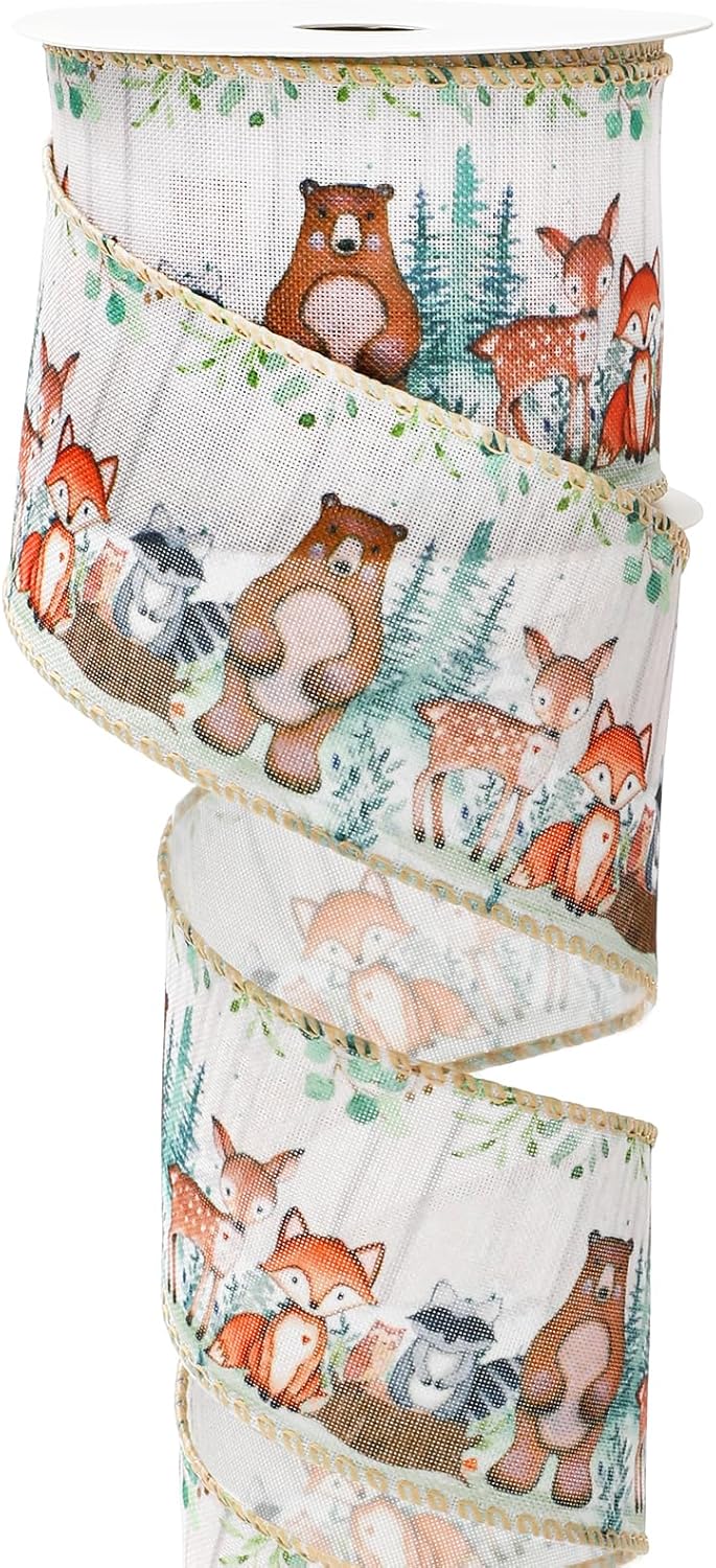 FYSUIMU Woodland Animal Wired Edge Ribbon 2.5 Inch Forest Animal Fabric Craft Ribbon for Bow Wreath Gift Wrap Party Home Decor, 12 Yards