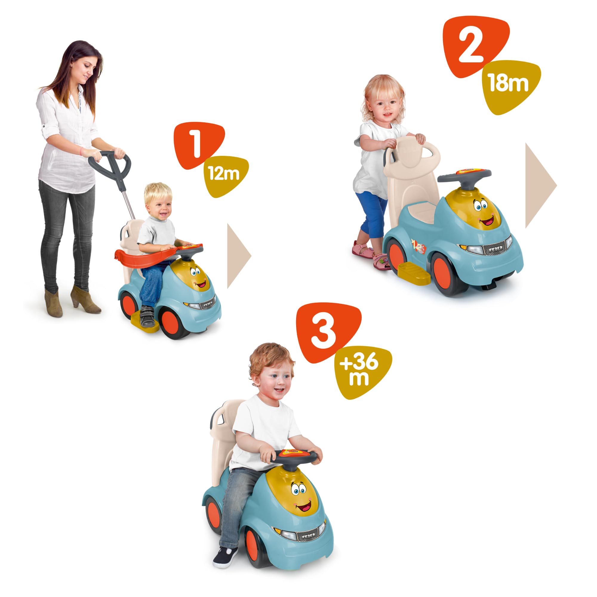 FEBER Motofeber Casual 3 in 1 Push N'Go, Correpasillo, Carrito de Empuje y Andador, Asa Regulable 3 Posiciones, Maletero para Juguetes, Reposapiés Cómodo, Uso Interior y Exterior, Famosa (FED31000)