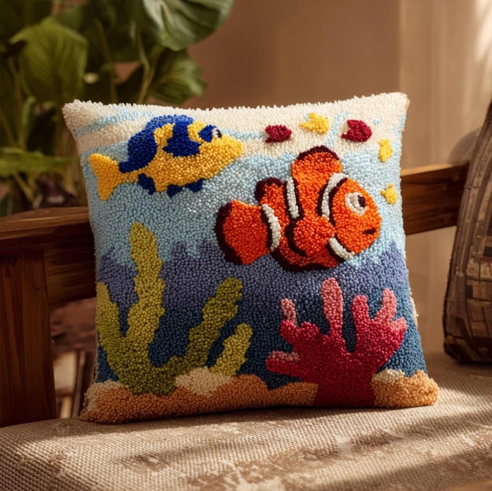 Wallustrioaw Coral And Fish Latch Hook Craft Cushion Kit 43X43cm,
