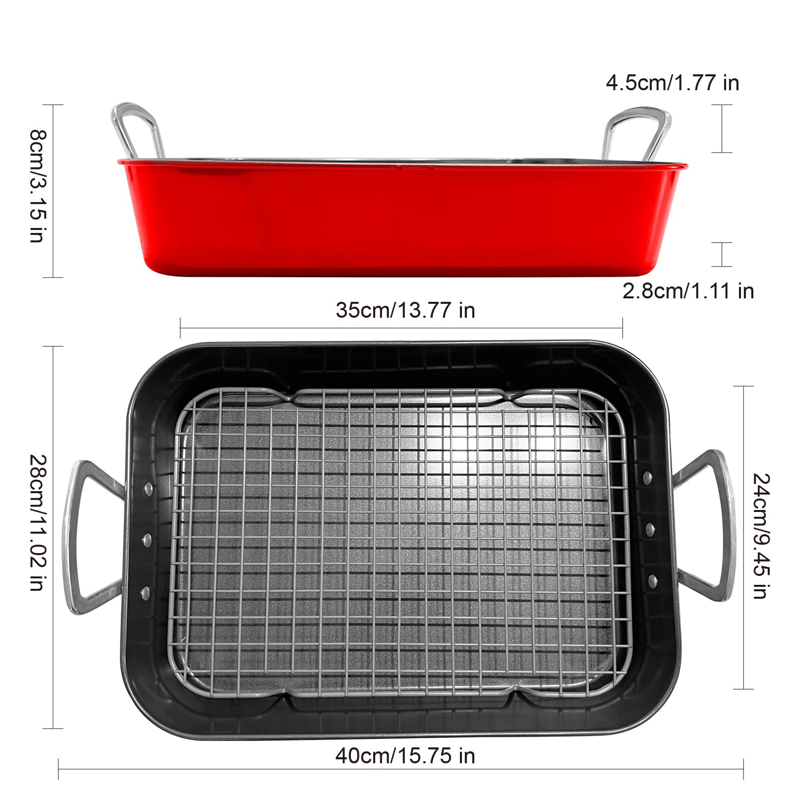 Plat a Rotir avec Grille Plat de Cuisson RevetementAntiadhesif avec Poignee Plaque a FourRectangulaire Polyvalent Thème de Noël pour la Dinde le Boeuf les Legumes les Pates etc Rouge 44.5 cm