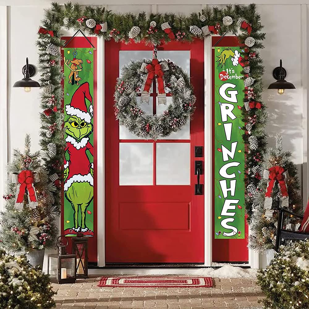 Merry Christmas Porch Sign, Gri-nch Christmas Banners Hanging Flag, Xmas Decorations - Image 2