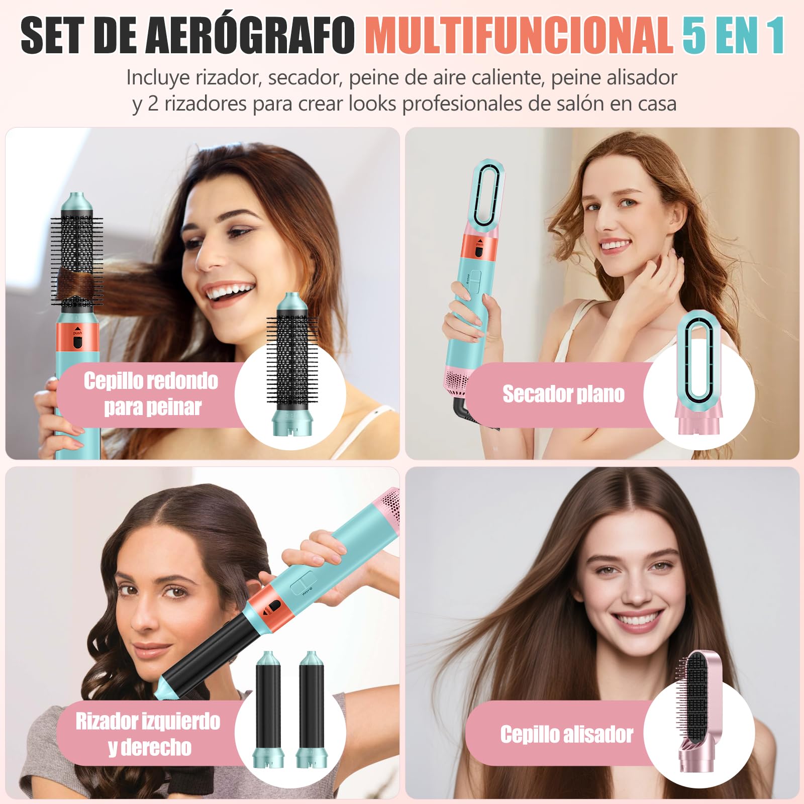 Cepillo Secador de Pelo 5 en 1,Hair- Styler- Wrap 1000W,Cepillo de Aire Caliente Set, Elimina El Frizz, 3 Temperaturas, cepillo electrico Pelo, cepillo Alisador, Rizador, Voluminizador (Azul)