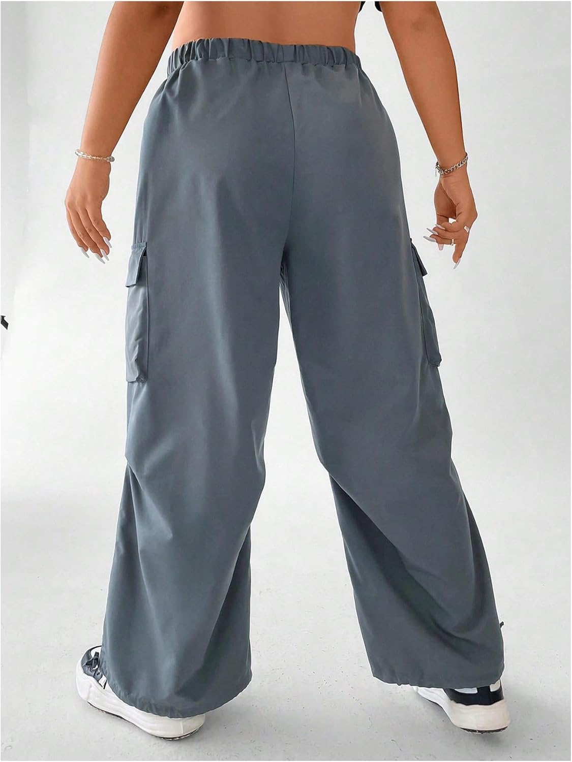 OYOANGLE Women's Plus Size Elastic High Waist Flap Pocket Cargo Pants Streetwear Loose Baggy Trousers with Pocket - Image 2