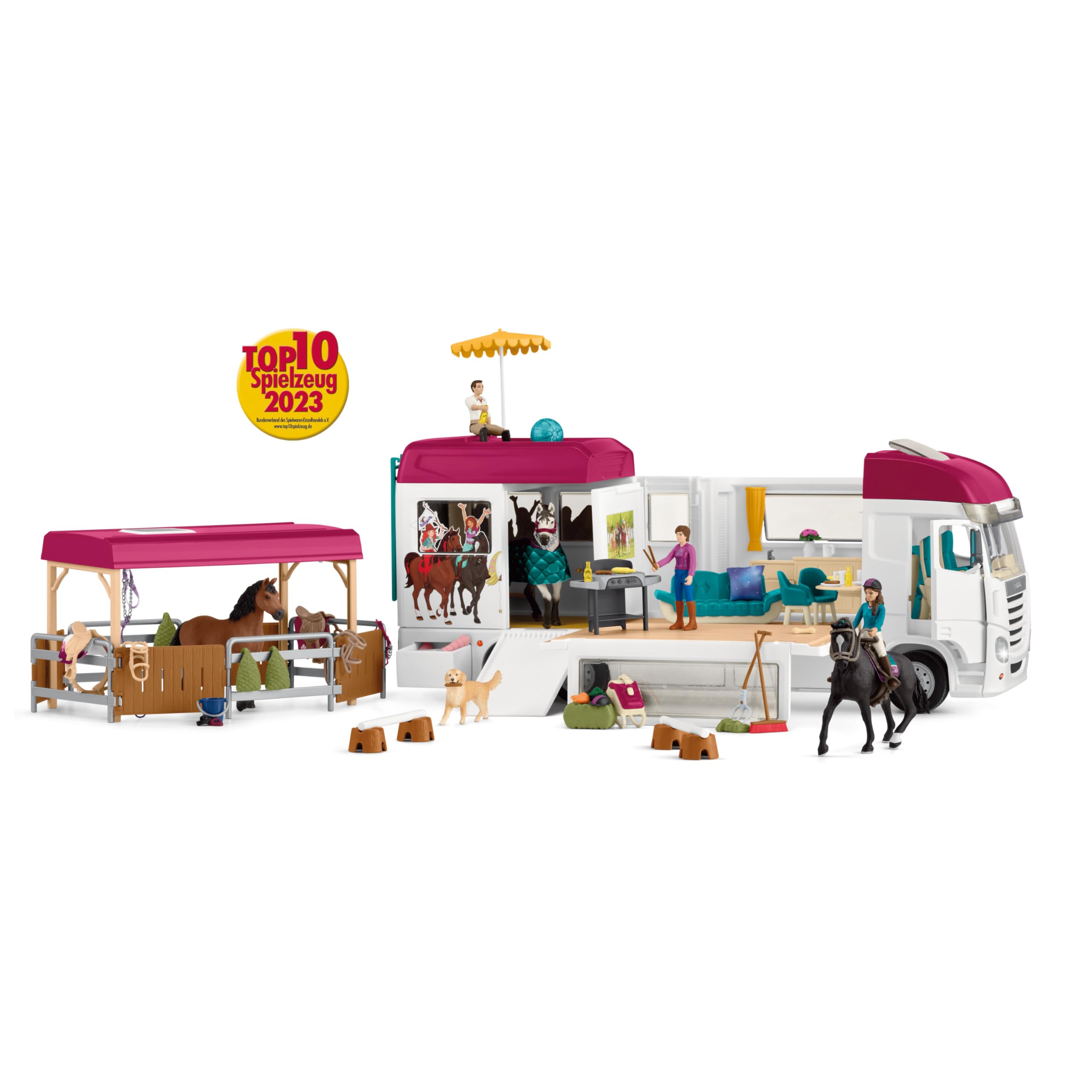 Schleich Horse Club | Pferdetransporter 42619 | ab 5 Jahren | 227 Teile | Pferde Spielzeug mit Wohnmobil, Transporter, Pferdebox, 3 Pferden, 3 Figuren & Pool mit echtem Wasser | Geschenk für Kinder