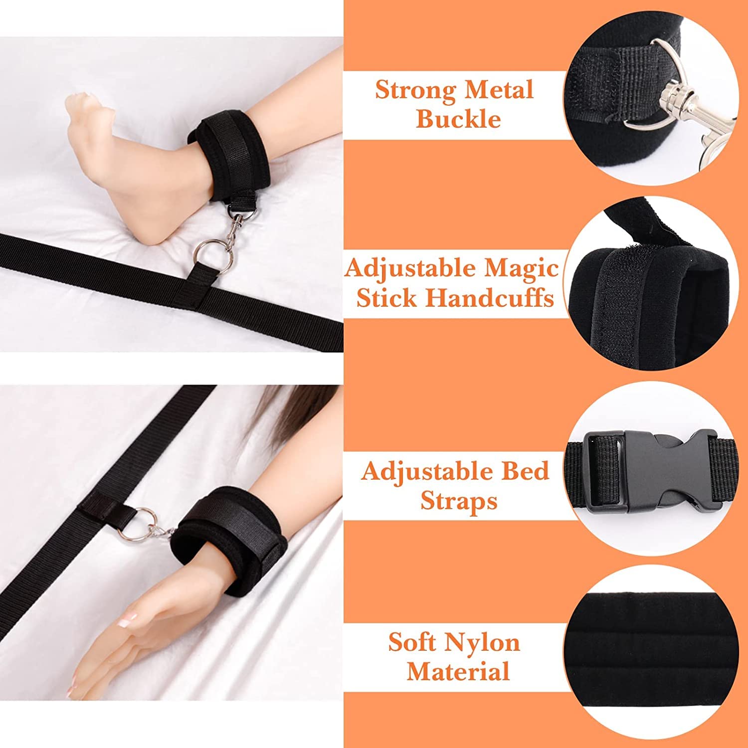 1 SET Conjunto de Juego de Correa de Nylon Ajustable para Cama Individual, Fiesta de restricción de Pareja