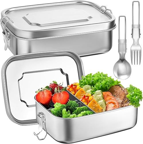 Umigy Lonchera Bento de acero inoxidable, 2 unidades, con cuchara plegable, tenedor, 3 compartimentos, contenedor de alimentos de acero inoxidable,