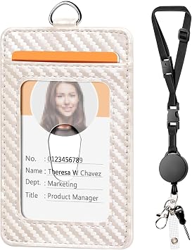 Leather Badge Holder and Adjustable Retractable Lanyards, Beige
